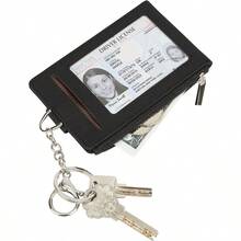 TLL  Women And Men Keychain Card Holder Case Zipper Slim Minimalist Front Pocket Wallet With 2 ID Window Black - 黑色01 - 查看 3