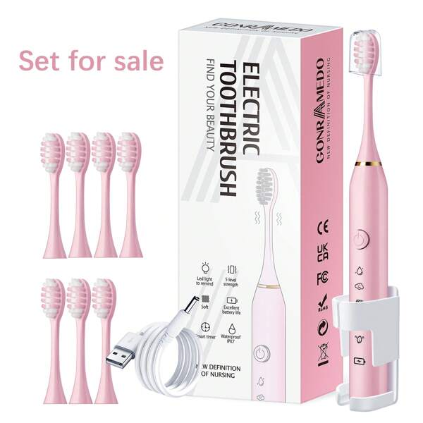 GonrAmedo Electric Toothbrush With 8 Brush Heads For Adult, Oral Care Appliances Suitable For Travel, Business Trips And Home Use, Gift Box Packaging For Women, 5 Modes 2 Min Timer IPX7 Waterproof, Pink
