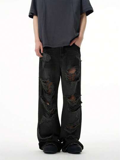 1pc Men's Vintage Distressed Ripped Frayed Hem Jeans, American Style Casual Loose Fit Wide Leg Denim Pants, Hip Hop Street Wear, Grunge
