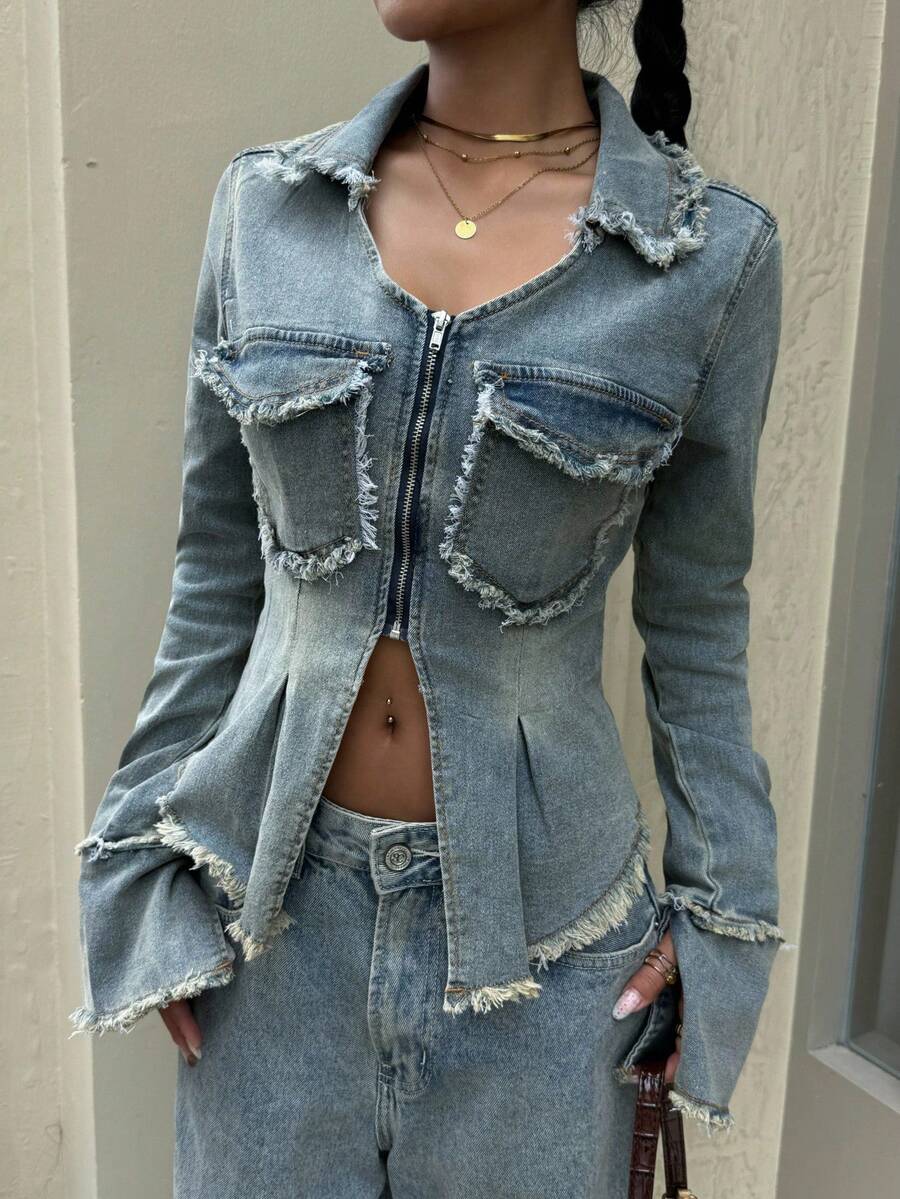 Siren Gaze 女士休闲磨边牛仔夹克，春秋 - 藍色 - 查看 1