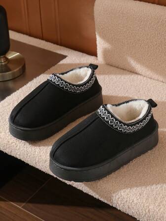 Winter Bestseller Lace Trim Slip-On Slippers For Women & Couples, Warm Snow Boots With Anti-Slip Thick Soles, Simple Retro Indoor/Outdoor Wear