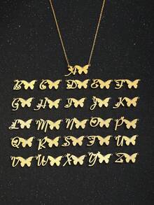 1件优雅奢华磨砂蝴蝶字母吊坠不锈钢项链，女士精致时尚颈链，适合派对、约会、旅行、度假，可作为珠宝礼物 - 金色 - 查看 4