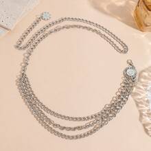 1pc New Arrival Multi-Layer Wave & Leaf Shaped Waist Chain For Women, Fashionable Body Chain - Silver - View 9