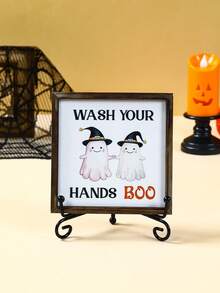 1pc 10*10cm/15*15cm Halloween Mini Bathroom Decor Painting, Wooden Halloween Witch Hat Ghost Design Bathroom Door Decoration, "Boo" Handwashing Reminder Decor With Cute Ghost, With Stand, Indoor/Outdoor Use, Horror Home Decor, Room Decoration, Halloween Desktop Ornament, Living Room Bathroom Decoration - Halloween Ghost - View 7
