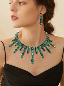 3 件优雅奢华彩色水晶项链吊坠耳环套装，闪亮钻石颈链项链项圈耳环套装，项链吊坠项链耳环，适合女性水晶派对、宴会、晚宴、时尚百搭