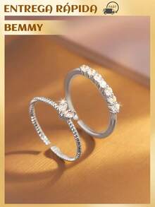 BEMMY 2 Piece Elegant Heart Shaped Ring With Rhinestone, Suitable For Women To Wear Daily And Dinner Parties - Silver - View 1