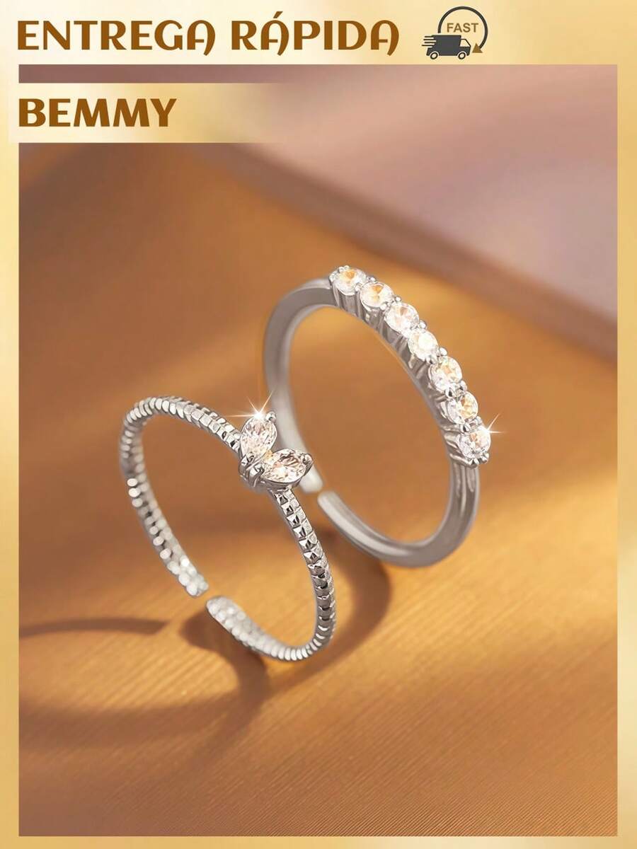 BEMMY 2 Piece Elegant Heart Shaped Ring With Rhinestone, Suitable For Women To Wear Daily And Dinner Parties - Silver - View 1