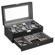 Watch Box, Watch Case With Glass Lid, 2-Tier Watch Display Case For 12 Watches, Lockable, 1 Drawer, For Rings, Bracelets, Gift Idea, Black Coating And Grey Lining - Black + Grey - View 9
