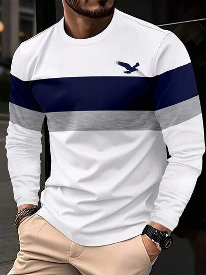 Men's Fashion Eagle Print Long-Sleeved T-Shirt - Casual Round Neck, Soft Polyester Blend, Suitable For Autumn And Winter, Eagle Decoration  Christmas    Spring/Fall    Regular Fit    None