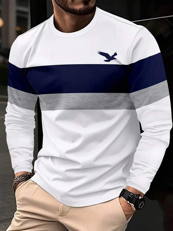 Men's Fashion Eagle Print Long-Sleeved T-Shirt - Casual Round Neck, Soft Polyester Blend, Suitable For Autumn And Winter, Eagle Decoration  Christmas    Spring/Fall    Regular Fit    None