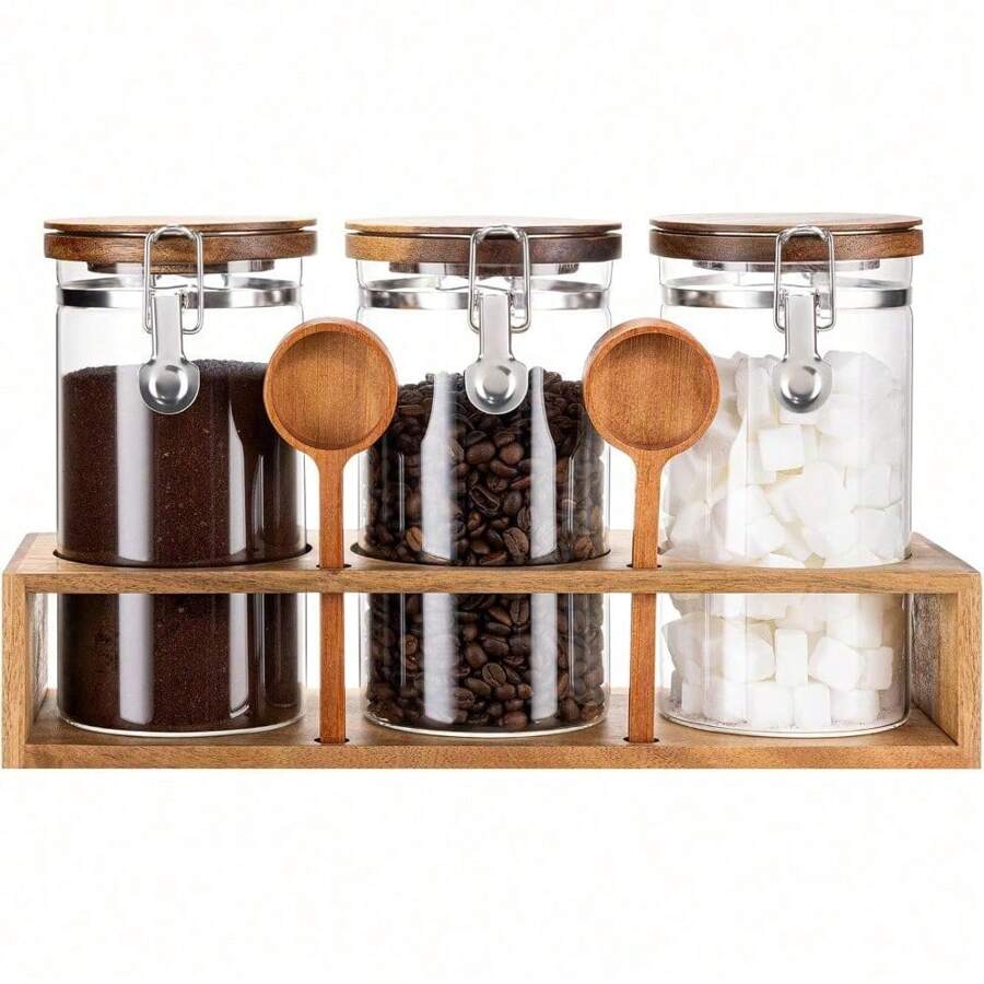 Premium Coffee Bean Canisters – Glass Jars With Airtight Locking Clamp & Included Bamboo Scoop