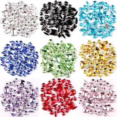 50 件/包，闪光混合形状玻璃水钻，银色金属平底，混合形状手工缝制水钻，用于衣服平底工艺宝石水晶缝制水钻带爪，DIY 配件用于装饰衣服、连衣裙、包、鞋子、胸针、耳环、手工艺品