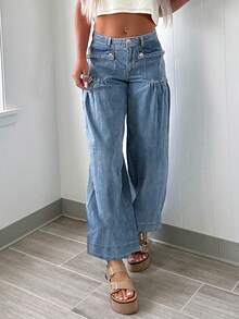 Quần ống đứng dáng rộng, dáng suông, chất liệu denim, cá tính, thời trang, đi làm hàng ngày, thiết kế túi trước sành điệu cho nữ - Rửa trung bình - Xem 3