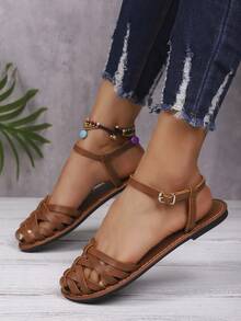 Gorgeous Flat Slide Sandals For Women, New Summer Closed Toe Slip-On Shoes, Fashionable Caged Sandals & Roman Sandals - Brown - View 2