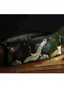 1个大容量铅笔盒，复古提花烫金学生铅笔盒，简约大容量铅笔盒，便携式拉链化妆包，精致学习用品 - 彩色 - 查看 3