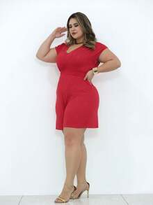 Macaquinho Feminino Plus Size Malha Trabalhada Vicenza Short Liso Elegante - Vermelho - Visão 4