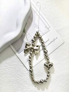 1pc Silver Acrylic Bow Heart Shaped Phone Lanyard, Suitable As Gift For Mother, Family, Friends, Birthday, Festival, Phone Charm, Phone Strap - Silver - View 7