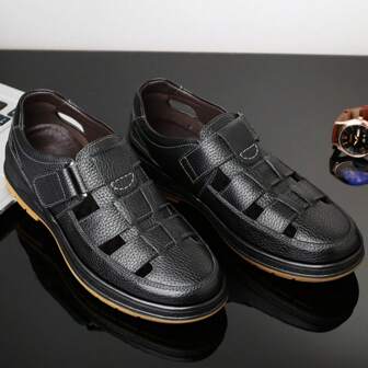 Men's Outdoor Casual Hollow Sandals, Summer Breathable Perforated Leather Shoes