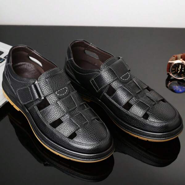 Men's Outdoor Casual Hollow Sandals, Summer Breathable Perforated Leather Shoes