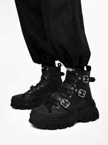 SLnU3 男士时尚厚底摩托车靴，纯色朋克街头学院风休闲工作服风格夜店户外扣式酷炫四季百搭