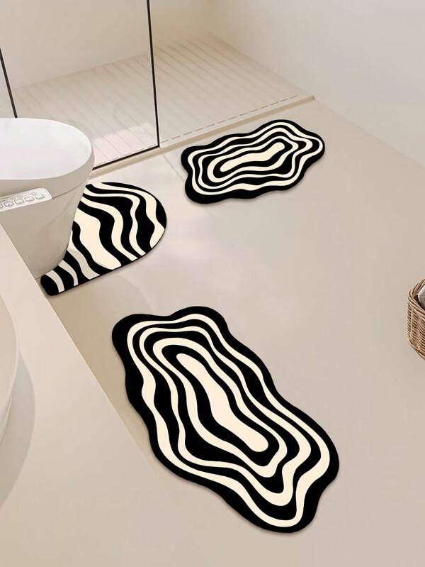 1/3pcs Classic Black & White Wavy Pattern Home Decor Mat Set, Bathroom Anti-Slip Absorbent Rug, Silica Gel Retro Pattern Bath Mat, U-Shaped Toilet & Sink Absorbent Foot Mat, 2.5mm Thickness Entryway Decor Bathroom Kitchen Decor