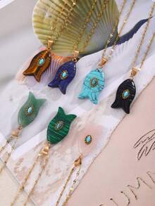 1pc Minimalist Elegant Natural Stone Inlaid Faux Turquoise Titanium Steel Necklace, Boho Style, 18K Gold Plated, Fashionable Women's Jewelry, Suitable For Daily Wear, Vacation, Party, Music Festival, Celebration And Holiday, Delicate And Simple Accessory Gift. (Natural Stone May Have Slight Color Difference.)