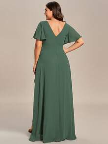 EVERPRETTY 大码优雅荷叶袖V领不对称下摆绿色伴娘礼服 春季婚礼宾客礼服 女士节日礼服