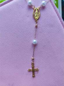 1pc Retro Golden Cross, Jesus Pendant Necklace, Faux Pearl Y-Shaped Beaded Necklace, Long Necklace For Women, Suitable For Daily Gatherings, Fashionable Commuting (Random Number Of Beads)