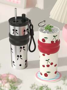 1pc 710ml/24.98oz Bow Insulated Cup,Cherry Insulated Cup,Portable Drawstring Water Cup,Large Capacity Insulated Cup,Insulated Cup With Straw,Reusable Cup,Accompanying Coffee Cup,Stainless Steel With Cover Lid