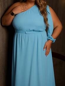 Women's Long Dress With One Sleeve Plus Size With Slit And Opening On The Sleeve Elegant - 淺藍色 - 查看 5