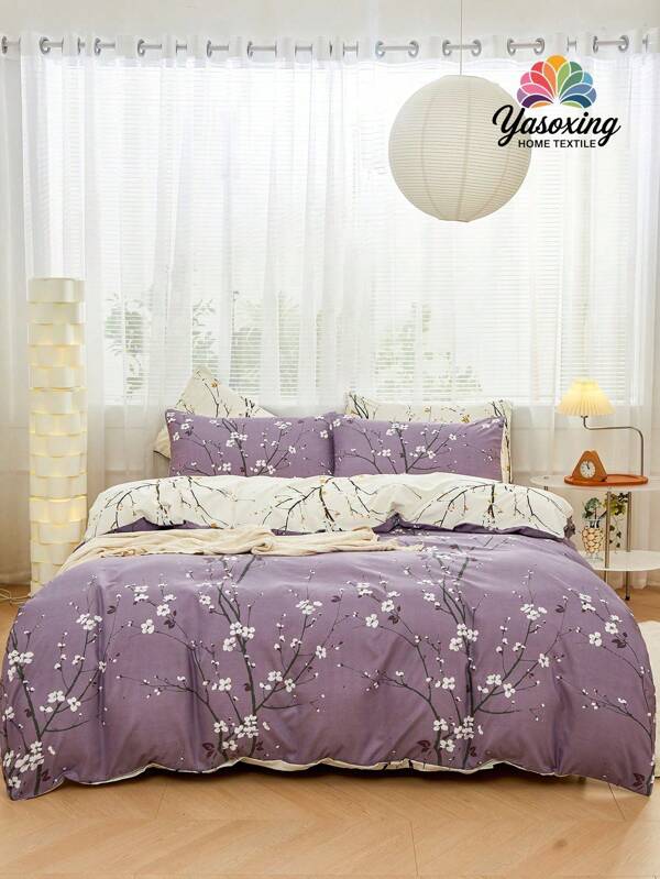 Set de ropa de cama de 3 piezas con funda de edredón reversible de dos tonos en morado y beige con patrón de rama de flor de ciruelo, hecho de microfibra suave y transpirable, de fácil cuidado y sin arrugas, en estilo de hotel de lujo, perfecto como regalo para mamá, papá o amigos, en tallas King, Queen, Full o Twin para dormitorio o regreso a la escuela.