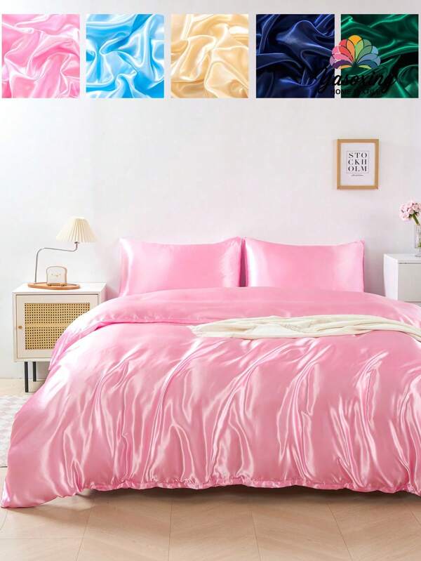 3pcs Premium Pink Color Silky Satin Duvet Cover Bedding Set, Soft Breatheable Wrink-Free Better For Sleep, Luxury Hotel Style, Gift For Mom Dad Friend, Quilt Comforter Duvet Cover*1 Pillowcase*2 Domitory Bedding Back School Bedding
