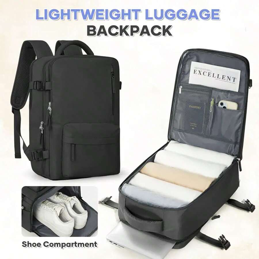 43x30x20cm超大容量多功能背包，帶鞋倉，乾濕分離，電腦倉，可usb充電，百搭能源五色，出行必備，方便防水大容量雙肩包，多功能收納，適合通勤與旅行，必備大容量雙肩包，出差、通勤、旅行輕鬆收納，簡約旅行型，適合通勤與旅行，必備大容量雙肩包，出差、通勤、旅行輕鬆收納，簡約有探出 - 黑色 - 查看 1