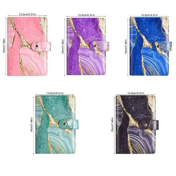 1 pieza Libreta de contabilidad de 12 páginas con presupuesto + Bolsa con cremallera de 8 bolsillos + 2 piezas de pegatinas en inglés A6 con patrón de mármol vintage y esquinas de cobre