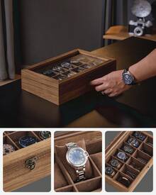 Watch Box With 12 Slots, Watch Case, Solid Wood Watch Box Organiser With Glass Lid, Watch Display Box With Removable Pillows, Gift Idea, Rustic Walnut - Brown - View 2