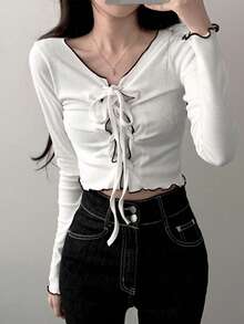 Gal Fashion V-Neck Long Sleeve Fitted Tie-Up Pullover Top For Women, Spring/Autumn - White - View 2