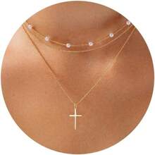 Cross Necklace For Women, Dainty 18K Gold Plated/Sterling Silver Small Cross Pendant Necklace Simple Gold Cross Necklaces For Women  Faith Jewelry Gift2025 - 三層十字珍珠金 - 查看 12