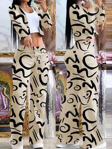 Summer 2 Piece Set : Women's Fashion Beige & Black Geometric Print Long Sleeve V-Neck Button-Up Top Pants With Drawstring Waist | Casual Y2K Style Lightweight & Comfortable Fabric, Vacation Outfits For Women - 杏色 - 查看 1