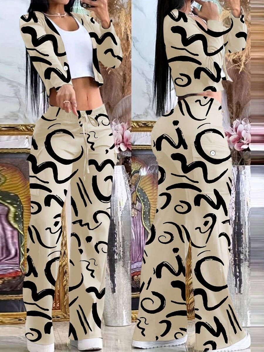 Summer 2 Piece Set : Women's Fashion Beige & Black Geometric Print Long Sleeve V-Neck Button-Up Top Pants With Drawstring Waist | Casual Y2K Style Lightweight & Comfortable Fabric, Vacation Outfits For Women - 杏色 - 查看 1