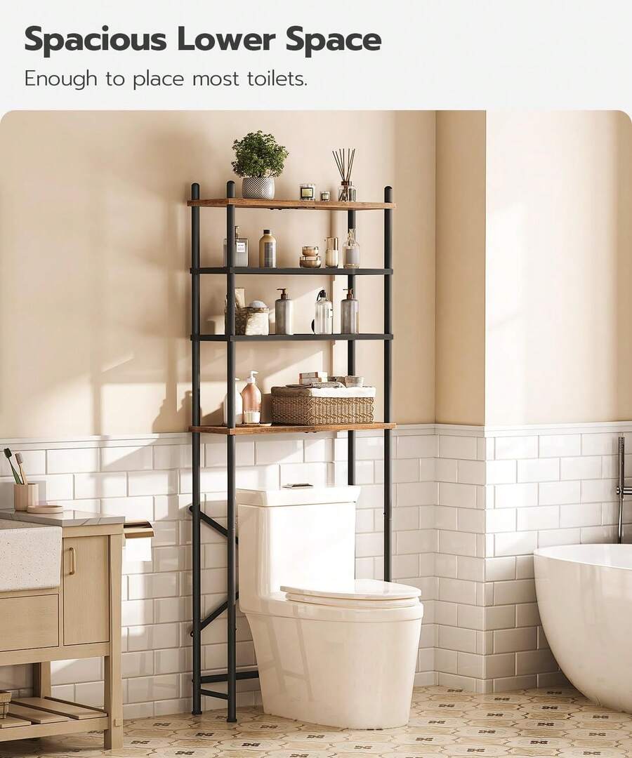 Over The Toilet Storage, 4-Tier Over Toilet Bathroom Organizer, Freestanding Above Toilet Shelf With Adjustable Feet, Space Saving, Easy To Assemble, Rustic Brown And Black - 鏽棕色 - 查看 1