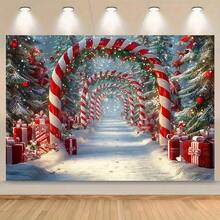 1 Christmas Holiday Background With Candy Cane Arch, Snow Scene, Red And White Striped Poles, Perfect For Home, Party, Event Decorations, Photo Shoots, Christmas Decorations, Birthday Parties, And Home Garden Courtyard Decorations. - Multicolor - View 1