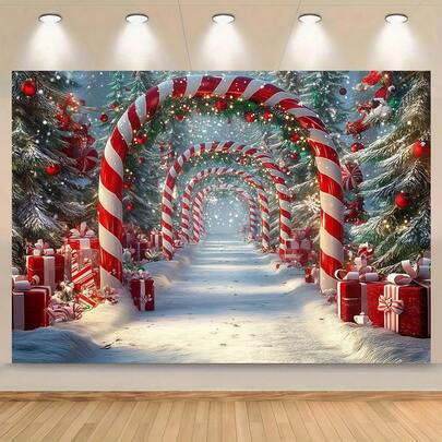 1 Fondo navideño con arco de bastones de caramelo, escena nevada, postes a rayas rojas y blancas, perfecto para decoraciones del hogar, fiestas, eventos, sesiones de fotos, decoraciones navideñas, fiestas de cumpleaños y decoraciones del patio del hogar y jardín.