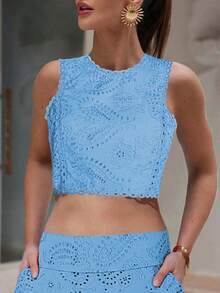 1 pieza Blusa corta sin mangas con bordado floral hueco vintage, patrón floral aleatorio - Azul - Ver 4