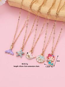 Bộ 5 chiếc/Bộ vòng cổ kết hợp phong cách đại dương mùa hè cho bé gái nhiều màu sắc hình nàng tiên cá, sao biển, vỏ sò, cá voi, thích hợp cho bé gái đeo trong cuộc sống hàng ngày và với bạn thân - Nhiều màu - Xem 3