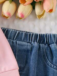 2 件女婴可爱休闲套装 - 粉色蝴蝶结圆领运动衫上衣和粉色蝴蝶结松紧腰牛仔裤套装，春秋 - 粉色 - 查看 5