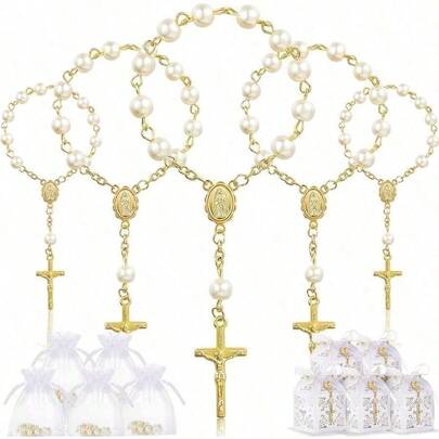 30件/包洗礼礼品套装，亚克力洗礼念珠配人造珍珠和欧根纱袋，适合作为洗礼派对礼物（金色珍珠手链）