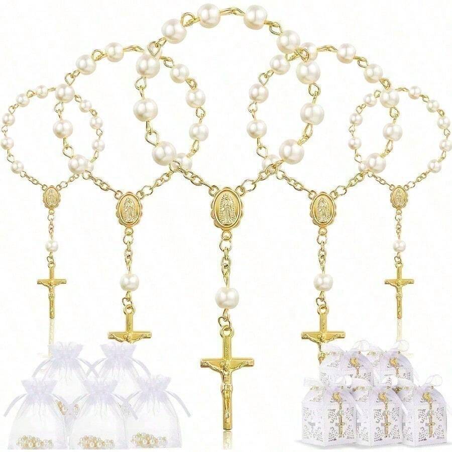 30件/包洗礼礼品套装，亚克力洗礼念珠配人造珍珠和欧根纱袋，适合作为洗礼派对礼物（金色珍珠手链） - 彩色 - 查看 1