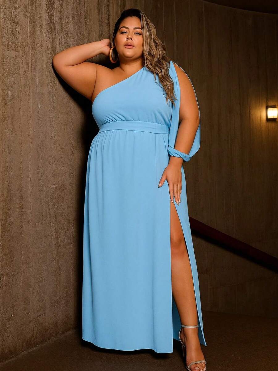 Women's Long Dress With One Sleeve Plus Size With Slit And Opening On The Sleeve Elegant - 淺藍色 - 查看 1