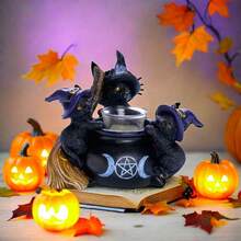 Whimsical Black Cat Cauldron Tealight Holder - Enchanting Halloween Decor For Cozy Ambiance And Spooky Celebrations
