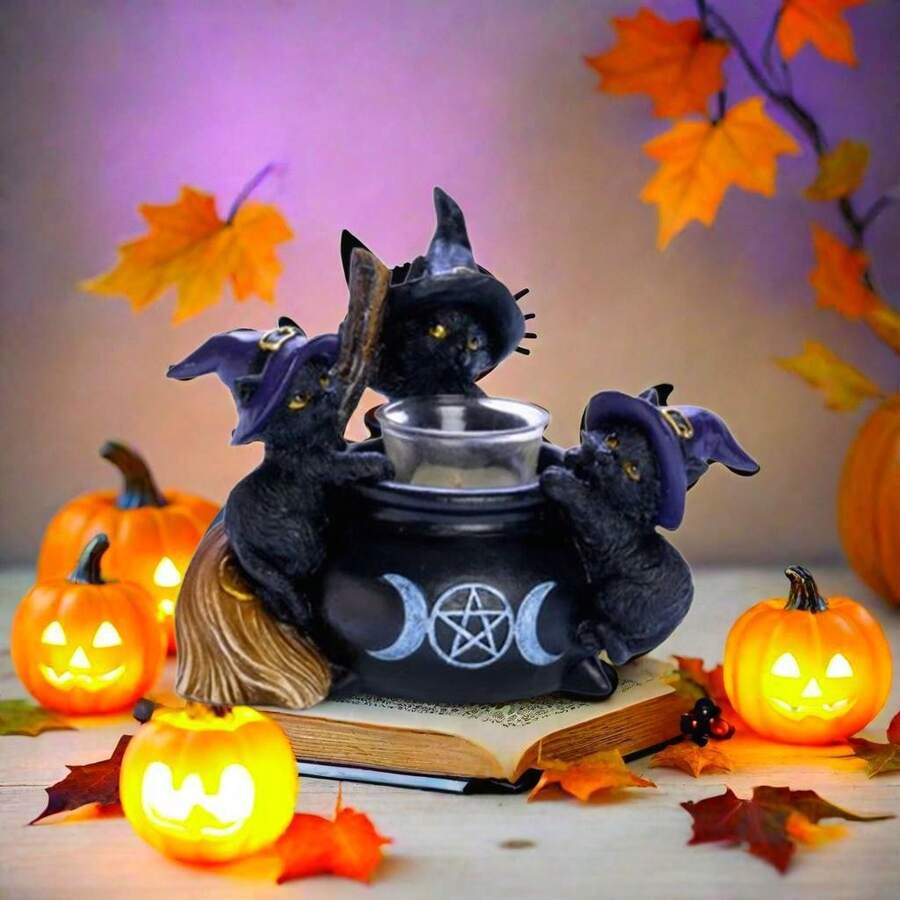 Whimsical Black Cat Cauldron Tealight Holder - Enchanting Halloween Decor For Cozy Ambiance And Spooky Celebrations